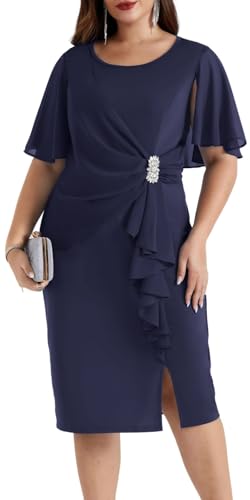 Image of Hanna Nikole Womens Plus Size Chiffon Cape Sleeve Ruffle Ruched Cocktail Party Pencil Dress for Wedding Guest