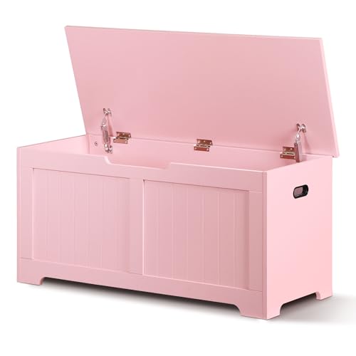 SUPER DEAL Storage Chest 39 inches Chest Box Organizer with 2 Safety Hinges Wooden Entryway Shoe Organizer Storage Bench Pink