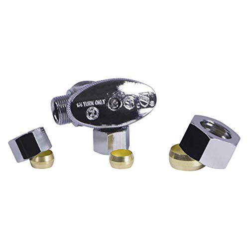 Image of Midline Valve 86358QS-OM-5 Water Supply Angle Stop Valve; Dual Outlet; Quarter Turn Wheel; for Toilet, Sink, Dishwasher; 5 /8'' x 3 /8'' x 3 /8'' Compression; Chrome Plated Brass (5 PK)