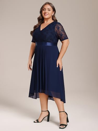 Image of Ever-Pretty Women's V Neck Pleated A Line Lace Chiffon Half Sleeves Midi Plus Size Cocktail Wedding Guest Dresses Navy Blue US24
