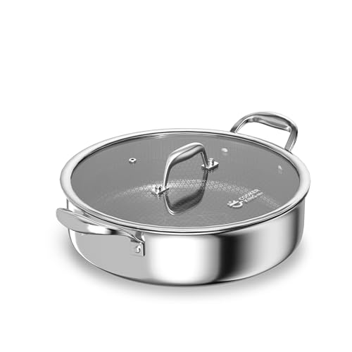 Image of COOKER KING 5QT Stainless Steel Saute Pan with Lid, Hybrid Nonstick Deep Saute Pan, Chicken Fryer, Tri-Ply Clad Even Heat Distribution, Dishwasher-Friendly,Oven Safe to 500°F, Induction Compatible
