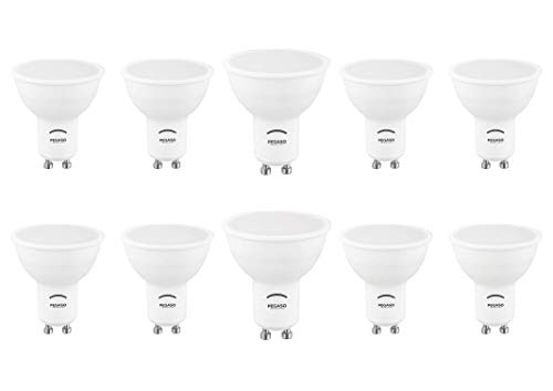Pegaso - Juego de 10u00a0bombillas LED tipo foco, casquillo GU10, 7u00a0W, Ø 54u00a0x 62,u00a06000u00a0K, luz blanca, 595u00a0LM, equivalente a 50u00a0W, alcance de iluminación 100u00b0