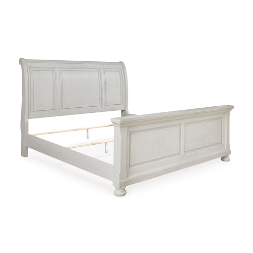 Image of Signature Design by Ashley Robbinsdale Queen Sleigh Bed, Antique White | Select oak veneer and solid wood components, Grain texture, Traditional sleigh queen bed, Requires box spring