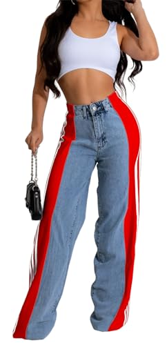 Recious Womens Sexy High Waist Printed Colorblock Bodycon Wide Leg Party Clubwear Denim Pants Jeans