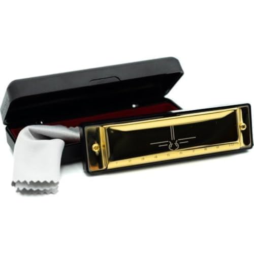Harmonika C-Dur – Tonart C mit Etui und Reinigungstuch – Musikinstrument für Anfänger und Erwachsene – 10-Loch-Harmonika in C für Schüler (Metallisches-Gold)