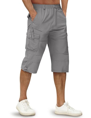 TACVASEN Mens Shorts Cargo Casual 3/4 Shorts Work Cotton Summer Shorts Multi Pockets Light Grey