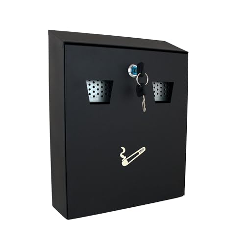 Buckingham Outdoor Cigarette Bin Lockable Heavy Duty Black Powder Coated Steel Wall Mounted Ashtray Bin for Home Pubs Clubs Office Ash Bin with Luminous Cigarette Motif Smoking 26 Cm