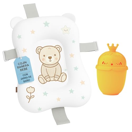 BabyBebloo Cojin Bañera Bebe Osito + Jarra de Baño - Adaptador Bañera Bebe Universal - Reductor bañera - Cojín bañera Bebe - Colchoneta Bebé - Hamaca Bañera - Secado Rapido, Suave y Blando
