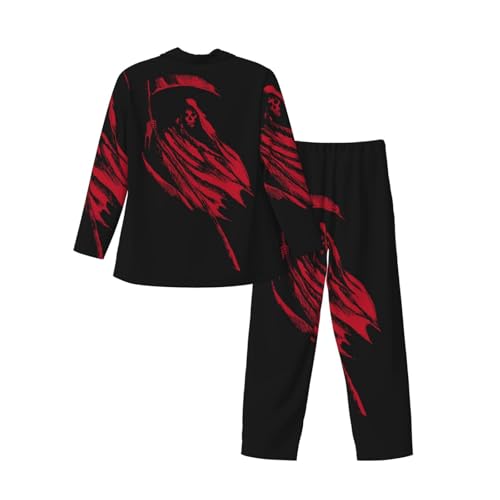 Red Grim Reaper Mens Pajamas Set Button Down Sleepwear Set Long Sleeve Loungewear With Pockets4