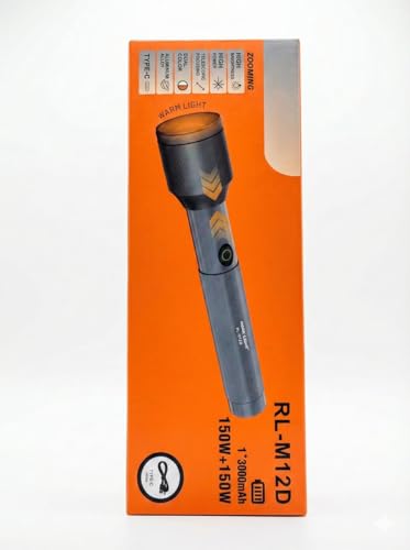 Image of RL-M12D 150W+150W with Warm & Cold Light Modes Metal Torch | 3000mAh Rechargeable LED Flashlight | Type-C Charging | Zooming Head | Long Range Telescopic Focus Torch for Outdoor & Home Use