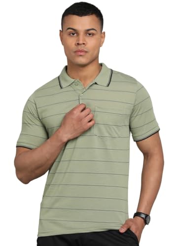 Image of INKKR Men Striped Polo Neck Cotton Blend T-Shirt