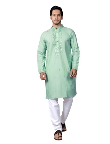 Kurta traditionnel homme vert citron en coton mélangé avec broderie paillettes taille L