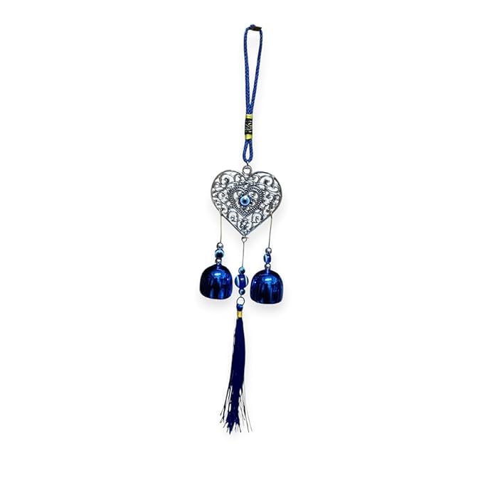 SUBHARTI Heart Shaped Wind Chime with Blue Bells and Tassel, Evil Eye Protection, Decorative Metal Wall Hanging, 2 Bells Always Protect You from Evil Eye-image-36