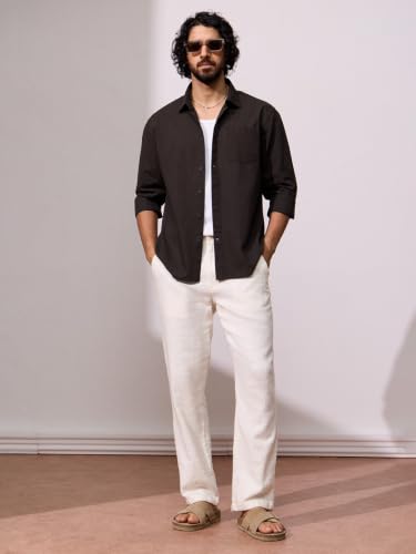 Image of The Souled Store Cotton Linen: Men and Boys Long Sleeve Spread Collar Solid Cotton Relaxed Fit Easy to Style Everyday Office Wear Cotton Linen Shirts