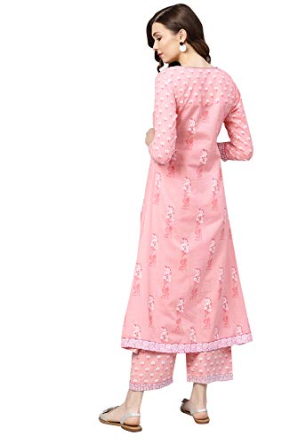 Image of ishin Women's Pure Cotton Anarkali Printed Thread Work Floral print Pink Kurta suit set with Palazzo
