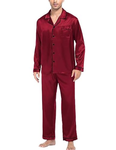 Mens Silk Pajamas Set，Two-Piece Satin Long Sleeve Pajamas Sleepwear with Buttons