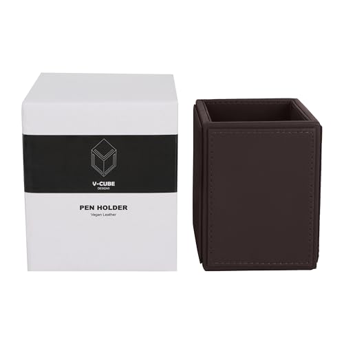 Image of V-CUBE DESIGNS Premium Vegan Leather Pen Holder for Desk & Study Table Accessory | Marker /Pencil Stand for Student | Stationery Organizer for Office Table & Home | 6mm Thickness with MDF Core |Brown