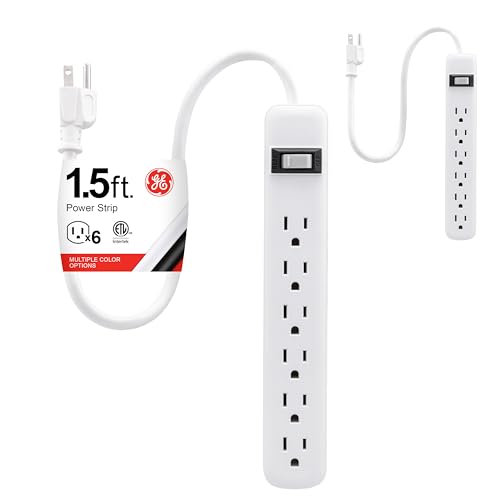 GE 6-Outlet Power Strip, 2 Pack, 1.5 Ft Extension Cord, Heavy Duty Plug, Grounded, Integrated Circuit Breaker, 3-Prong, Wall Mount, ETL Listed, White, 14833
