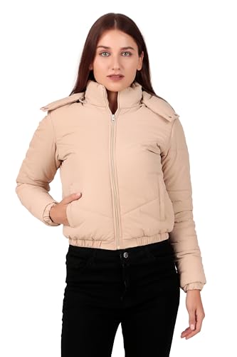 Image of Brazo Crop Puffer Jacket for Women, Cropped Design, Insulated, Hooded, Long Sleeves