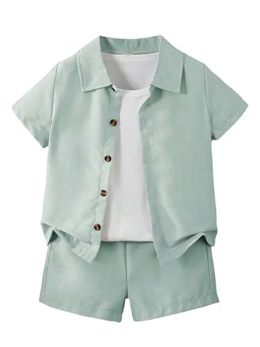 Image of SweatyRocks Boy's 2 Piece Summer Vacation Outfits Short Sleeve Collar Button Down Shirt and Shorts Clothing Set