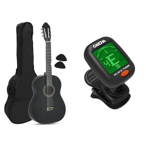Navarrez NV12 guitarra clásica negro 4/4, bolsa/Gig Bag, 2 púas & CASCHA HH 2018 Afinador cromático para guitarra, bajo, violín y ukelele