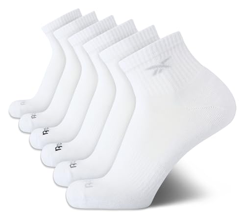 Reebok Mens Quarter Socks - 6 Pack Moisture Wicking Performance Stretch Athletic Ankle Socks for Men (Sizes: 6-12.5), Size 6-12.5, All White