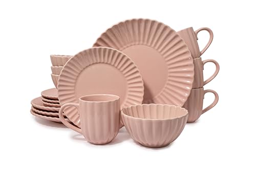 Image of 16 Piece Dinnerware Set Aruba (Pink Sunset) Plates, Bowls, and Mugs Set for 4