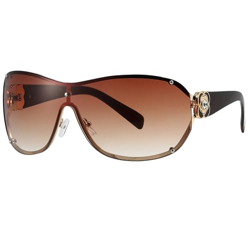 Breaksun Fashion Oversized Y2K Sunglasses for Women Men Luxury Wrap Around Shield Sun Glasses Trendy Rimless Shades (Brown gradient)