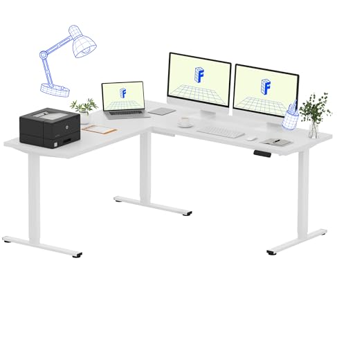 Image of FLEXISPOT L Shaped Standing Desk, 71 x 63 Inch Electric Height Adjustable Corner Desk, Sit Stand Computer Workstation, Preset Controller, Home Office, White Frame with White Top