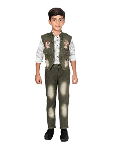 Image of AHHAAAA Kids Ethnic Cotton Blend Waistcoat Shirt and Denim Pant for boys 680S