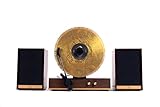 Fuse GLD Vertical Vinyl Record Player with Speakers | Gold Trim | 5.3 Bluetooth, AUX | Full Range External Speakers | Premium Cartridge | Vintage Mid Century Modern | Handcrafted Ashtree Wood