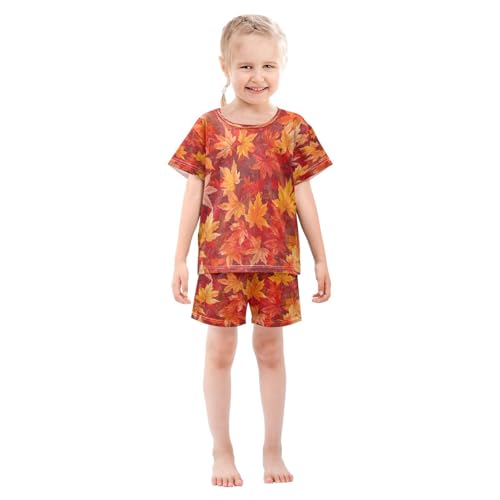 Pajama Sets Short Sleeve Autumn Leaves Pattern Print Soft Cotton Summer Sleepwear 2 Piece PJS Size 5-14T4