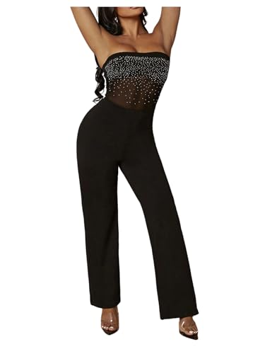 OYOANGLE Womens Glitter Rhinestone Mesh Jumpsuit Strapless Tube Top Bodysuit Party Club Outfits Black Large