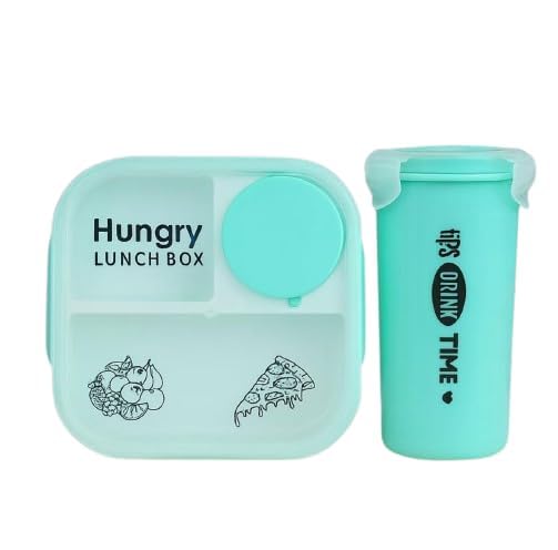 Image of Hungry Lunch Box with Water Bottle | Leakproof 3 Compartment Tiffin Box with Spoon, Fork & Sauce Container | BPA Free Food Grade Plastic | Microwave & Dishwasher Safe Lunch Box for School (Sea Blue)
