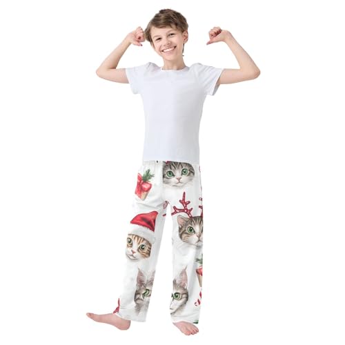 Xmas Cat Candy Cane Boys Long Pants Soft Trousers Elastic Waist Kids Lounge Bottoms with Pockets S-XL2