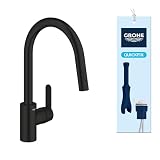 GROHE Get - Miscelatore Cucina Estraibile (2 Funzioni di Erogazione, Bocca Alta 381mm, Rotazione 360°, Cartuccia Ceramica 35mm, EasyDock, Tails 3/8 Pollici, QuickMount Incluso), Nero Opaco, 30360DC0