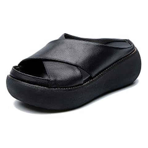 Women Wedge Sandals Two Bands Platform Slides Wavy Sole Flip Flop (black 1, numeric_8_point_5) Cover