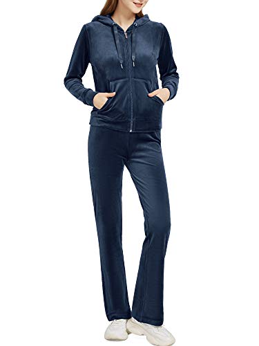 Woolicity Survêtement Femme Ensembles Sportswear Jogging Pyjama Pantalon de jogging en velours uni à capuche sport décontracté Marin XL