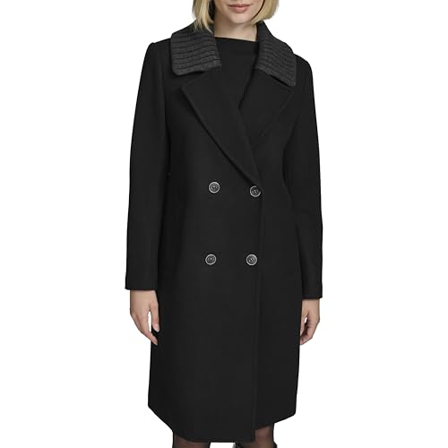 Andrew Marc Women's Classic Double-Breasted Walker Wool Jacket with A Soft Ribbed-Knit Collar, Black