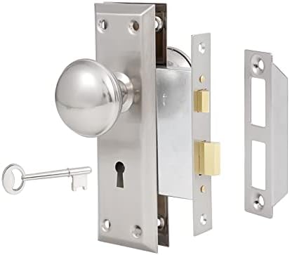 newliplace Mortise Lock Set for Interior Door, Vintage Door Knob with Lock and Skeleton Key, Antique Door Knobs Brushed Nickel Finish