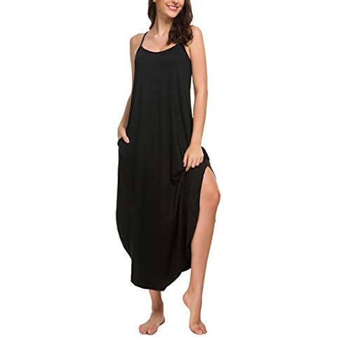 AVIIER Sleeveless Nightgowns for Women Soft Cotton Long Sleepshirt Spaghetti Strap Full Slip Sleepwear with Pockets Black XXL Cover