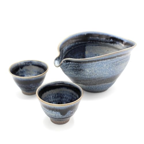 山下陶房 山下秀樹 銀化天目(ぎんかてんもく)酒器揃(片口 2合・ぐい呑 2個)冷酒 熱燗 ぬる燗 日本酒器セット