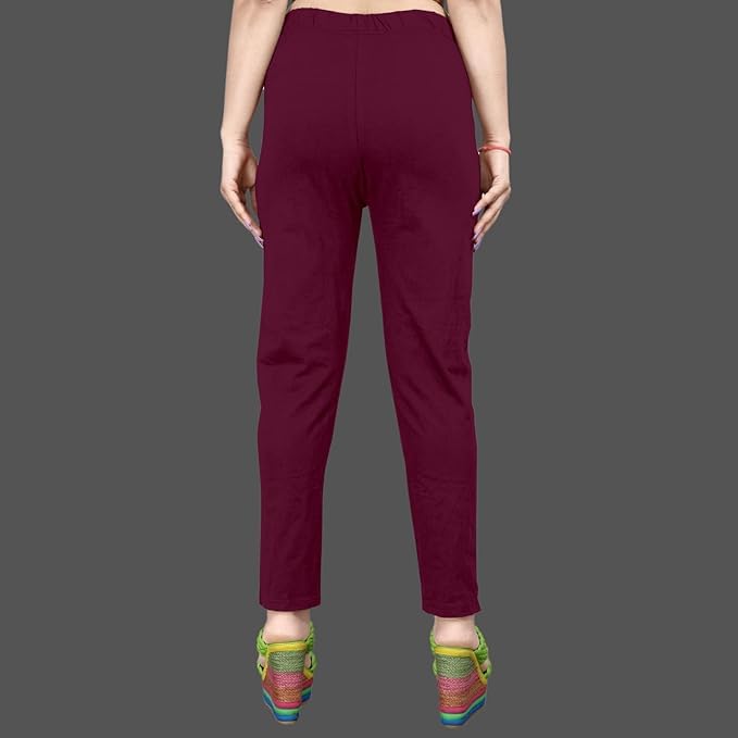 Image of Women's Solid Cotton Lycra Pants-High Waist Slim Fit Stretchable Leggings - Comfortable Long Trousers for Casual, Office & Everyday Wear