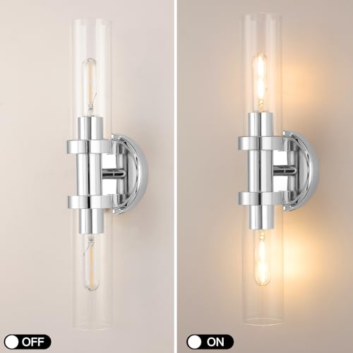 Image of Chrome Bathroom Light Fixtures,Modern Bathroom Wall Sconces,Metal Wall Sconce with Clear Glass Shade,Modern Wall Light Up and Down Wall Mount Lamp for Bedroom,Living Room,Hallway,Kitchen