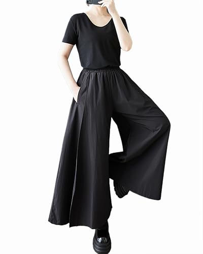 ellazhu Women's Pants Elastic Waist Two Side Pockets Solid Wide Leg Casual Loose Maxi GZ445 A