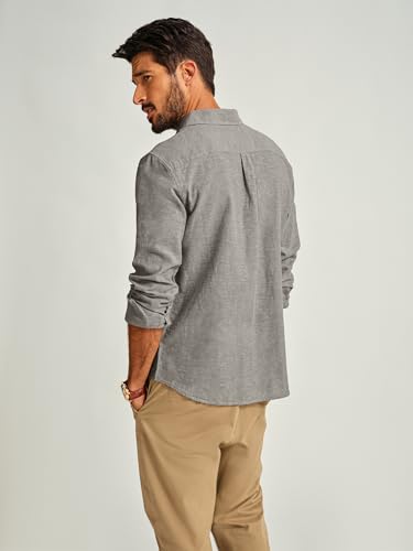 PJ PAUL JONES Mens Long Sleeve Button Down Shirts Linen Shirts for Men Casual Shirts Cotton Blend with Pocket Camel Brown Shirt Men L