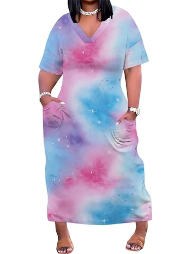 Image of PinkPatty Women's Plus Size Short Sleeve Maxi Dress Casual Loose V Neck Long Dress with Pockets