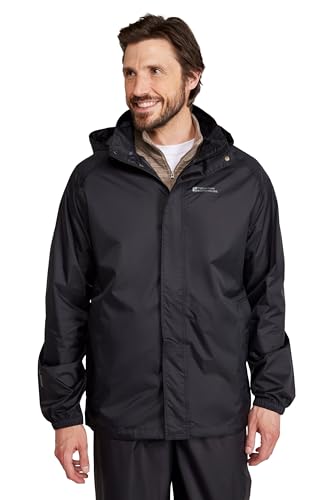 Mountain Warehouse Pakka Mens Waterproof Packable Jacket - IsoDry Lightweight & Breathable Raincoat with Taped Seams & Packaway Bag - Spring Summer & Travel Black L