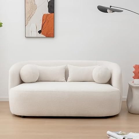 KINWELL 68-Inches Boucle Upholstered Loveseat 2 Deeper Seat Sherpa Sofa Couch with 4 Toss Pillows for Small Spaces Apartment Living Room, Beige Cover