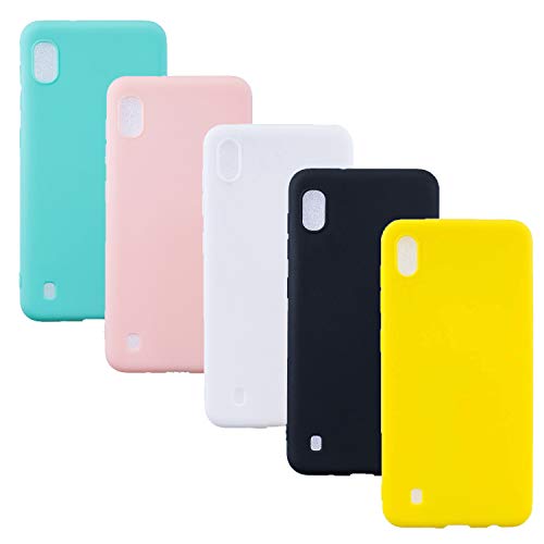 HereMore 5 Pack Samsung Galaxy A10 Case, Ultra Thin Soft Flexible Liquid Silicone Bumper Case Premium Matte Shockproof Protective Back Cover - Green, Pink, White, Black, Yellow